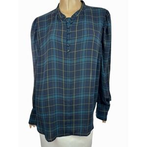 Ann Taylor Size L Blouse Blue,Yellow,Green Plaid Long Sleeves Asym Hem Polyester
